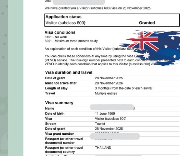 ตัวอย่างเอกสารประกอบการเดินทาง - Australia Visa Sample 2