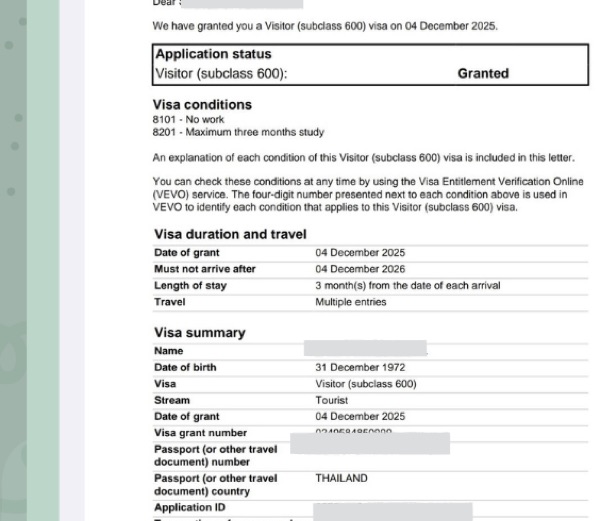 ตัวอย่างเอกสารประกอบการเดินทาง - Australia Visa Sample 3