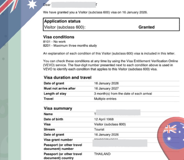 ตัวอย่างเอกสารประกอบการเดินทาง - Australia Visa Sample 4